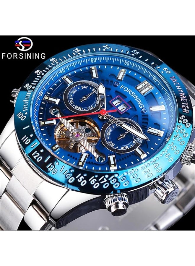 FORSINING Men Tourbillon Mechanical Self-Wind Watch, Day Date Month Full Calendar, Luminous Tachymeter Multifunctional Automatic Watches, Carved Big Dial Stainless Steel Band Wrist Watch - Image 2